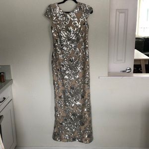 Beautiful nude gown with silver sequin floral pattern